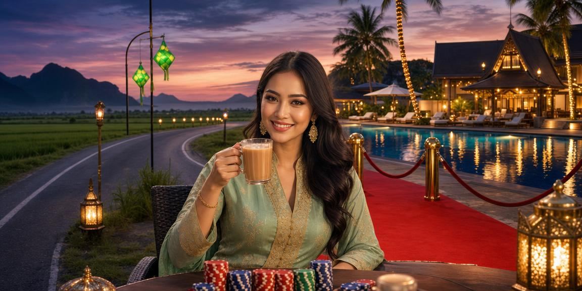 Permainan poker kasino bergaya Hari Raya Malaysia dengan meja hijau langsung